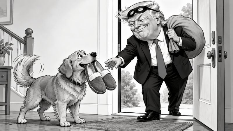 Schwarz-weiße Karikatur: Ein begeistert wedelnder Wachhund bringt Donald Trump, dargestellt als Einbrecher mit Maske und Sack an einer offenen Haustür, ein Paar Hausschuhe.