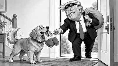 Schwarz-weiße Karikatur: Ein begeistert wedelnder Wachhund bringt Donald Trump, dargestellt als Einbrecher mit Maske und Sack an einer offenen Haustür, ein Paar Hausschuhe.