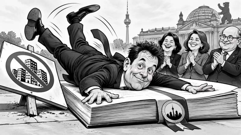 Schwarz-weiße Zeitungskarikatur: Berlins SPD-Chef Steffen Krach landet mit verdrehten Beinen und breitem Grinsen bäuchlings auf einem riesigen Koalitionsvertrag, während drei Politiker begeistert applaudieren.