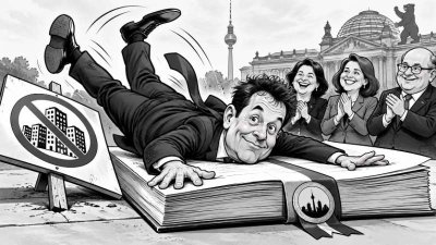 Schwarz-weiße Zeitungskarikatur: Berlins SPD-Chef Steffen Krach landet mit verdrehten Beinen und breitem Grinsen bäuchlings auf einem riesigen Koalitionsvertrag, während drei Politiker begeistert applaudieren.