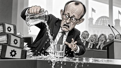 Schwarz-weiße Zeitungskarikatur von Friedrich Merz, der beim Einschenken eines Wasserglases daneben gießt, während im Hintergrund mehrere Personen lachen; Aktenordner und das verschüttete Wasser stehen sinnbildlich für ins Stocken geratene Reformen.