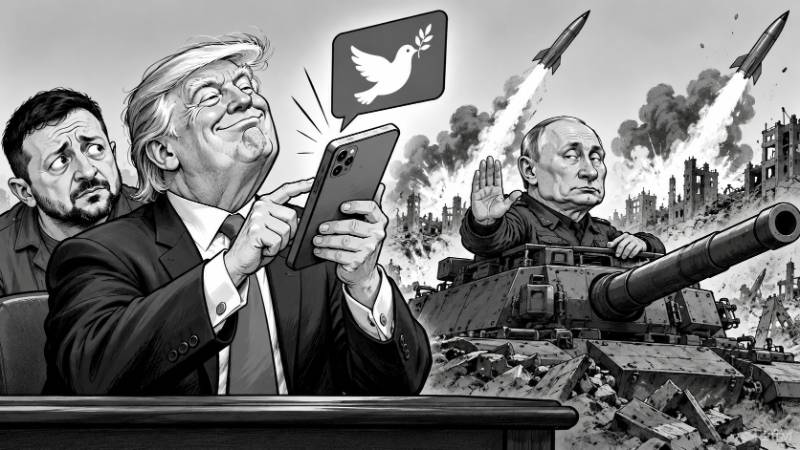 Schwarz-weiße politische Karikatur: Donald Trump tippt selbstzufrieden auf ein Smartphone mit Friedenssymbol, während Selenskyj skeptisch danebensteht und Putin aus einem Panzer heraus abwehrend die Hand hebt; im Hintergrund steigen Raketen auf.