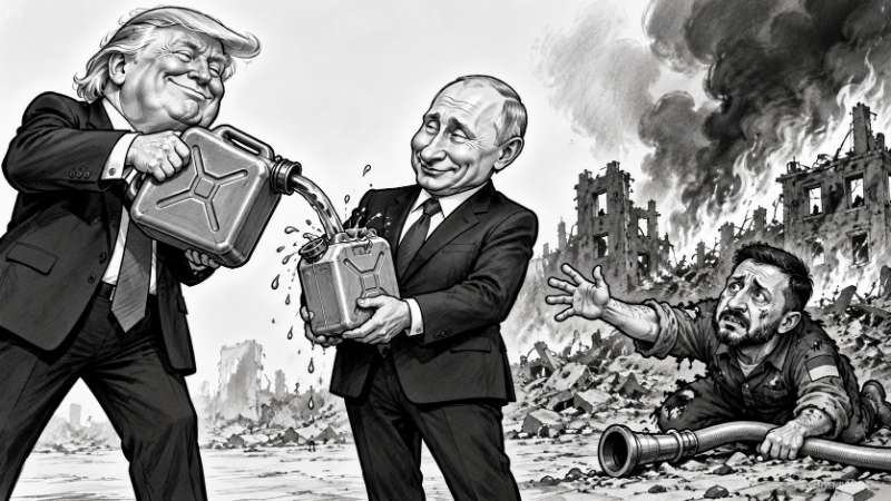 Donald Trump gießt grinsend Benzin in einen Kanister, den Wladimir Putin zufrieden hält, während Wolodymyr Selenskyj vor brennenden ukrainischen Ruinen verzweifelt mit einem nutzlosen Feuerwehrschlauch um Hilfe bittet.