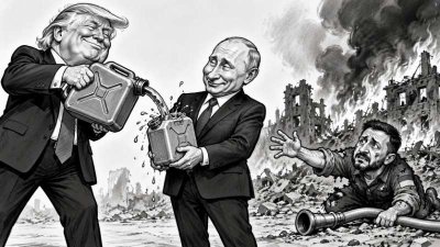 Donald Trump gießt grinsend Benzin in einen Kanister, den Wladimir Putin zufrieden hält, während Wolodymyr Selenskyj vor brennenden ukrainischen Ruinen verzweifelt mit einem nutzlosen Feuerwehrschlauch um Hilfe bittet.