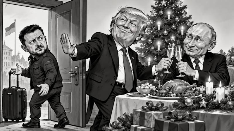 Schwarz-weiße politische Karikatur: Wolodymyr Selenskyj verlässt mit Koffer verärgert den Raum, während Donald Trump ihm die Tür weist und mit Wladimir Putin vor einem festlich gedeckten Weihnachtstisch anstößt.