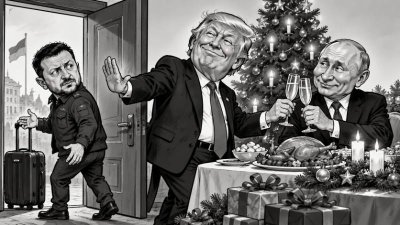 Schwarz-weiße politische Karikatur: Wolodymyr Selenskyj verlässt mit Koffer verärgert den Raum, während Donald Trump ihm die Tür weist und mit Wladimir Putin vor einem festlich gedeckten Weihnachtstisch anstößt.