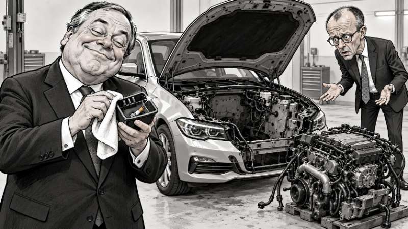 Schwarz-weiße Karikatur: Ein Anzugträger poliert zufrieden einen Aschenbecher neben einem Auto mit leerem Motorraum, während Friedrich Merz fassungslos auf den ausgebauten Motor blickt.