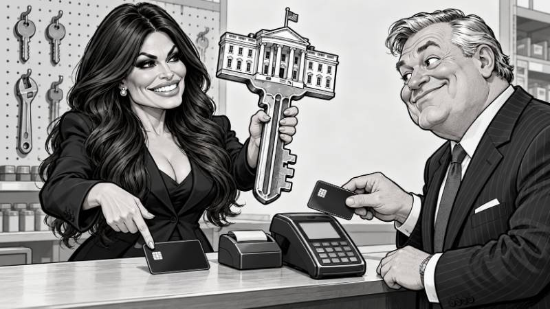 Schwarz-weiße Karikatur: Kimberly Guilfoyle hält hinter einer Baumarktkasse einen riesigen Schlüssel mit dem Weißen Haus als Griff und zeigt auf ihre Kreditkarte, während ein Mann seine Karte zum Bezahlen bereithält.