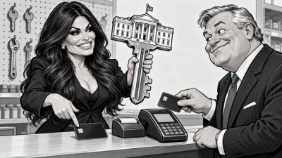 Schwarz-weiße Karikatur: Kimberly Guilfoyle hält hinter einer Baumarktkasse einen riesigen Schlüssel mit dem Weißen Haus als Griff und zeigt auf ihre Kreditkarte, während ein Mann seine Karte zum Bezahlen bereithält.
