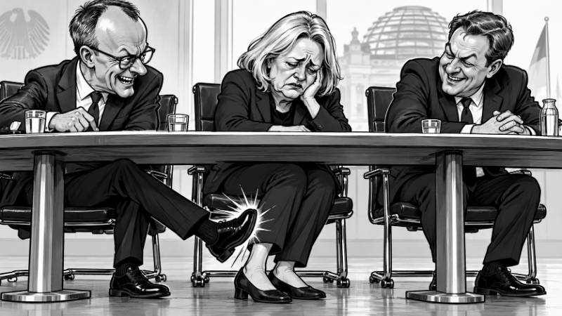 Schwarz-weiße Zeitungskarikatur: An einem Regierungstisch sitzt eine sichtlich niedergeschlagene Bärbel Bas zwischen zwei grinsenden Unionspolitikern, während einer ihr unter dem Tisch heimlich gegen das Schienbein tritt