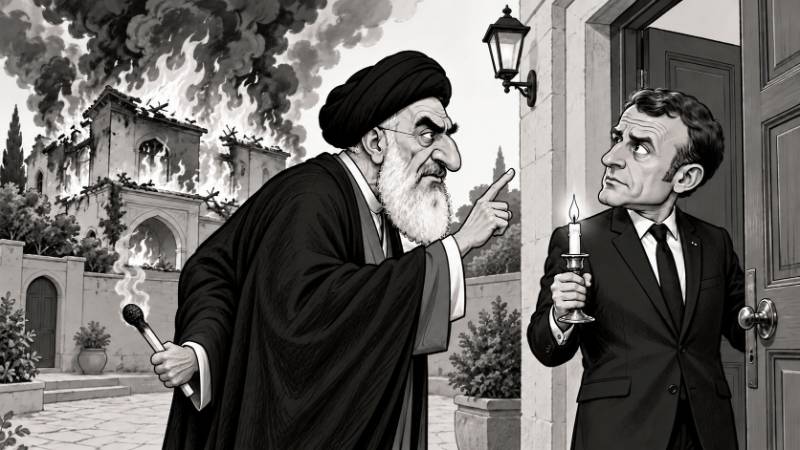Schwarz-weiße Karikatur: Ein Vertreter der iranischen Führung mahnt Emmanuel Macron wegen einer brennenden Kerze, während er hinter seinem Rücken ein rauchendes Streichholz hält und im Hintergrund ein Gebäude in Flammen steht.