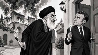 Schwarz-weiße Karikatur: Ein Vertreter der iranischen Führung mahnt Emmanuel Macron wegen einer brennenden Kerze, während er hinter seinem Rücken ein rauchendes Streichholz hält und im Hintergrund ein Gebäude in Flammen steht.
